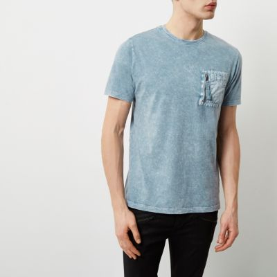 Blue washed pocket slim fit T-shirt
